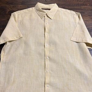 Perry Ellis Pale Yellow Short-Sleeve 100% Linen Button-Down Shirt-XXL